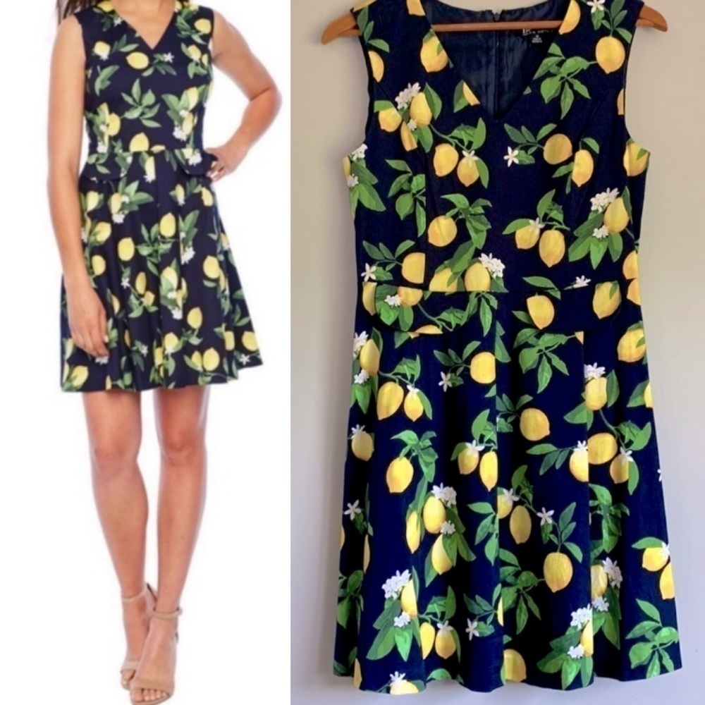 CHETTA B navy lemon citrus floral fit and flare a-line summer dress